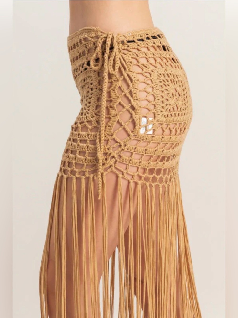 A658. Fringe Crochet Beach Skirt in Camel - Picture 3 of 5